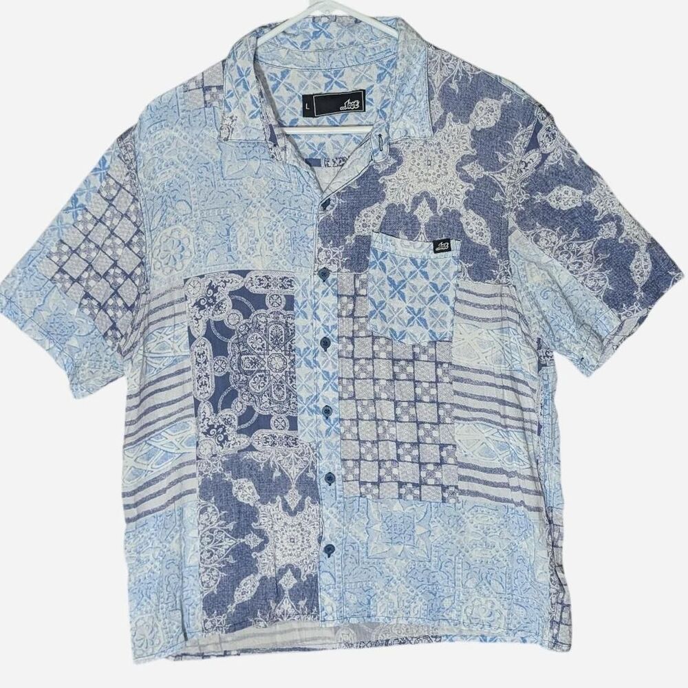 Lost Blue White Hawaiian Patchwork Shirt W/ Relaxed Fit, Size Large, Lightweight